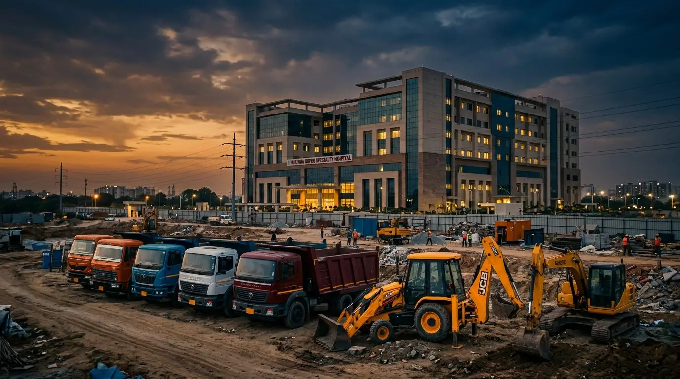 Commercial trucks, JCB and excavator in front of a modern hospital — assets financed by Wamiqa Finserv
